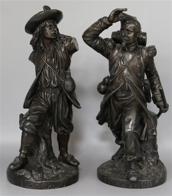 A pair of 19th century French bronzed spelter military figures (one a.f.)